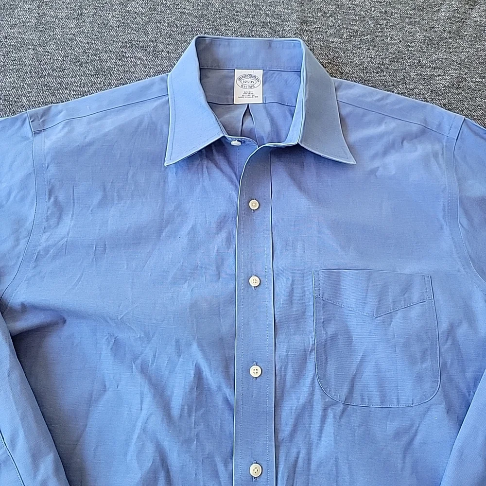 Brooks Brothers Dress Shirt Men's 16.5 35 Slim Fit Blue‎ Button Up Non Iron